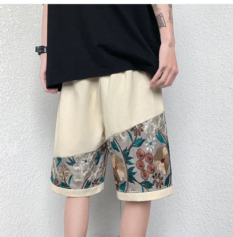 Summer Embroidery Shorts Men Fashion Casual Flower Shorts Mens Japanese Streetwear Loose Hip-hop Straight Shorts Men Plus Size Street King Limited
