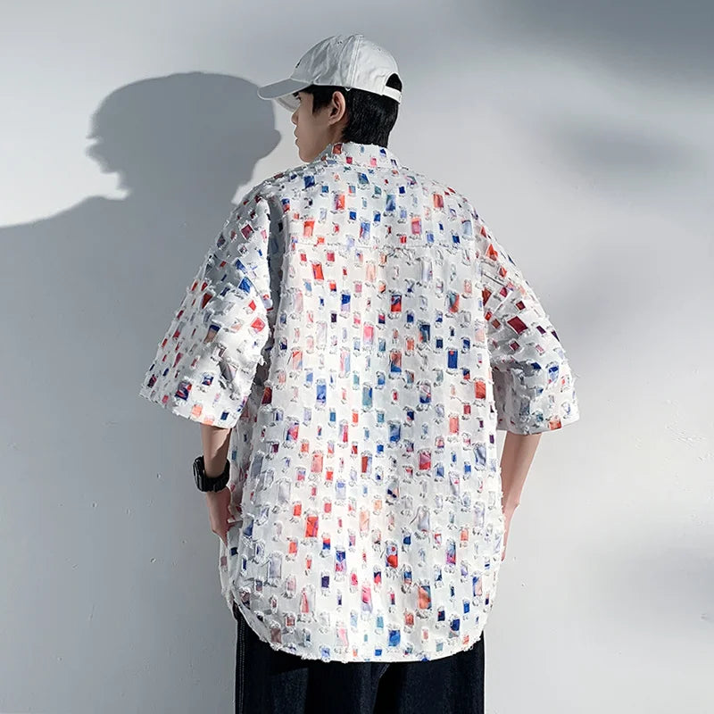 Summer Short Sleeved Shirt Men Fashion Retro Hollowed Out Shirt Men Streetwear Loose Colored Plaid Shirt Mens Large Size M-5XL Street King Limited