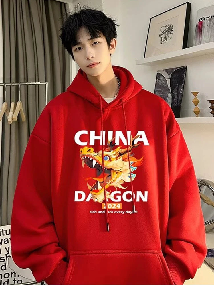 2024 New China Dragon Graphic Hoodies Men Hip Hop Streetwear Hoodie Sweatshirt Harajuku Fleece Printed Pullover Hoody Clothes Street King Limited