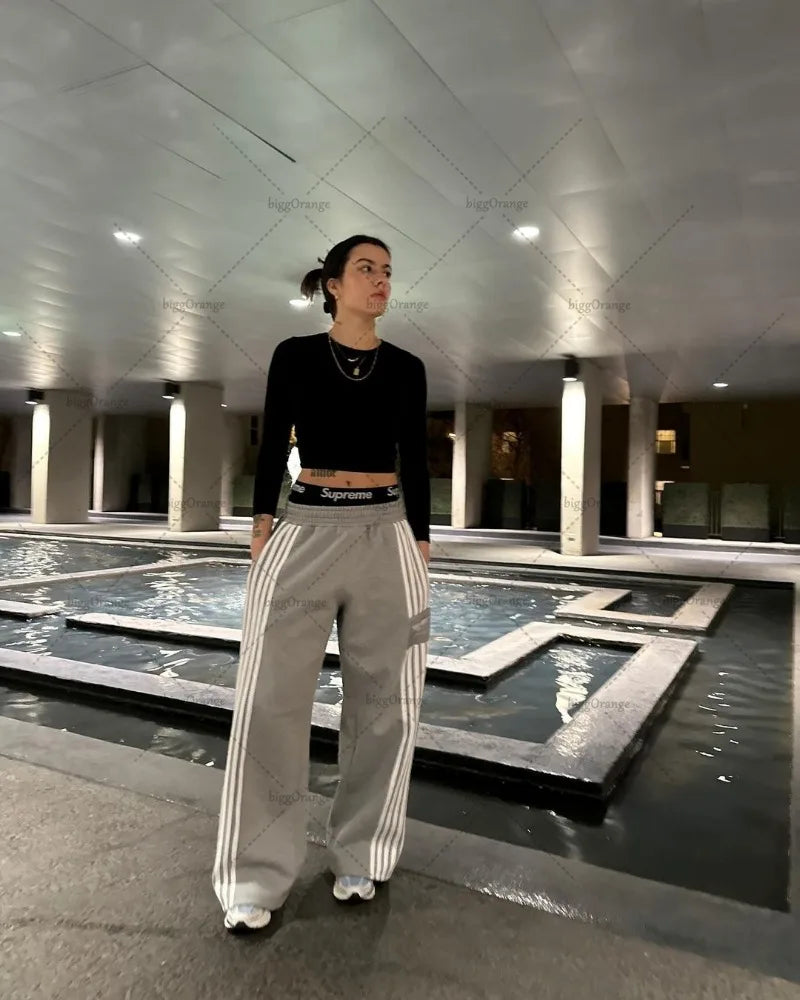 Trendy Brand American Retro Classic Striped Loose Sweatpants Hip-hop Streetwear Y2K Harajuku High-waisted Wide-leg Casual Pants Street King Limited