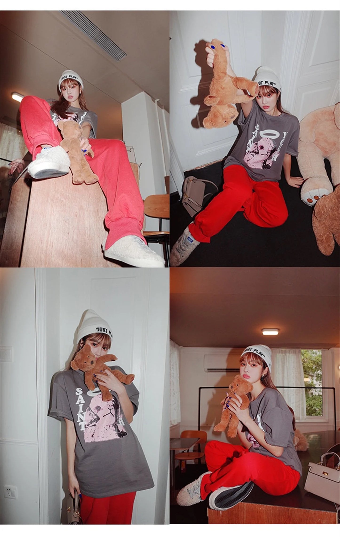 Summer New Vintage Pink Lamb Printing Distressed Retro High-Street Tops T-Shirt Street King Limited