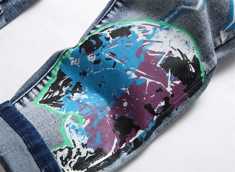 fashion skull graffiti jeans lightning printed denim pants mens distressed biker jeans streetwear slim hip hop pants joggers unique joggers style 4827