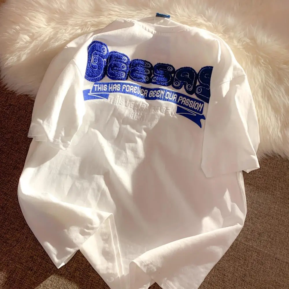 Retro Klein Blue Flocking Embroidery T Shirts Fashion Preppy Oversized Short Sleeve Tops 2022 Summer Large 3XL Casual Men Women Street King Limited
