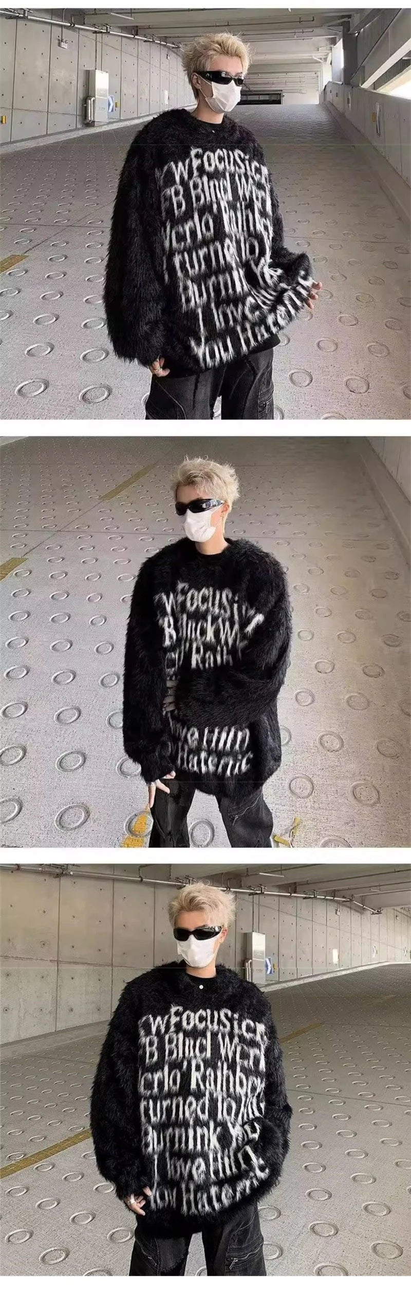 American Goth Fashion Hooded Sweater Mens Hip Hop Letter Jacquard Knit