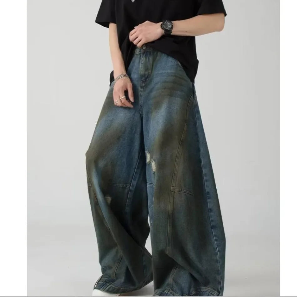 Summer High Street Hip Hop Jeans Mens Halo Dye Hole Washed Straight Denim Pants Loose Silhouette Retro Micro Flared Trousers Street King Limited