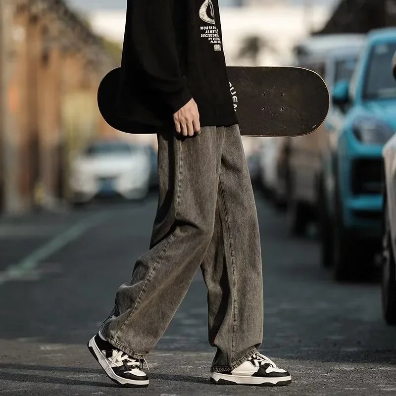 new mens y2k flower printed baggy jeans 2025 streetwear american casual denim wide leg pants hombre vintage straight trousers unique jeans style 663