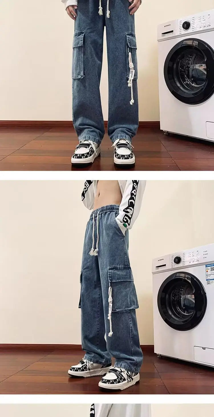 american retro and personalized straight leg jeans for men and women with hiphop big pocket design work pants loose casual pants unique jeans style 758