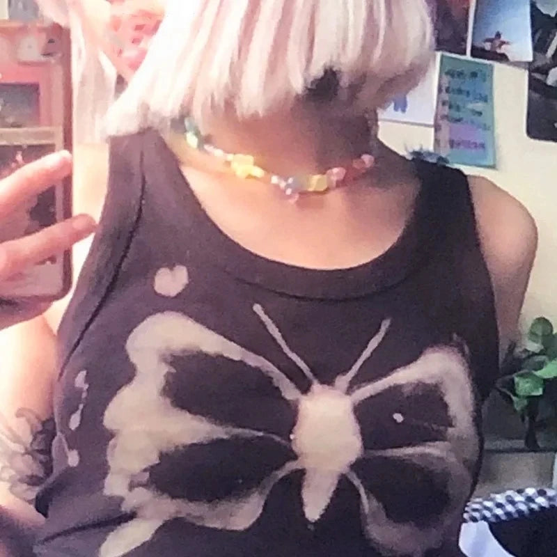 Top women Y2K Aesthetics Butterfly Print Brown Crop Tops Indie Streetwear O-neck Sleeveless Tank Tops 90s Fashion Summer Vests Street King Limited