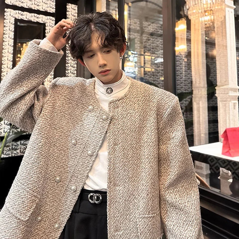 men double breasted french retro loose casual woolen short jacket man korean streetwear show fashion coat autumn outerwear casual urban shorts