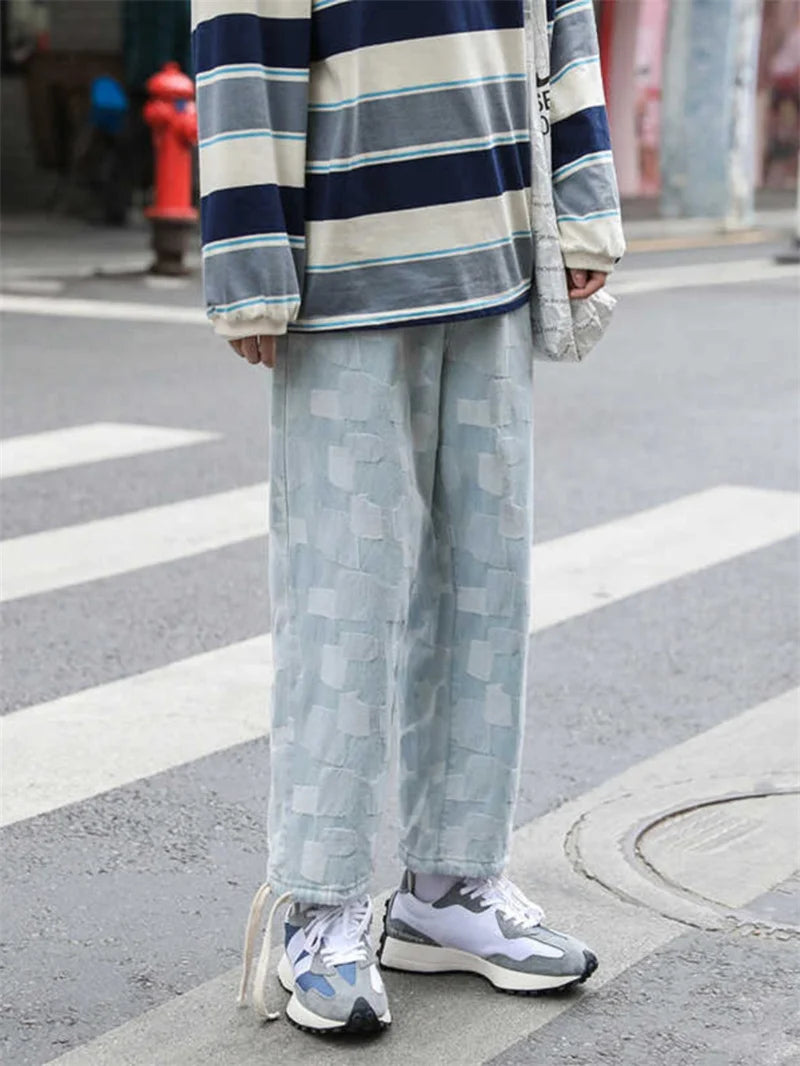 american plaid straight jeans mens casual streetwear printed denim pants autumn baggy classic wide leg retro y2k jean trousers unique jeans style 898