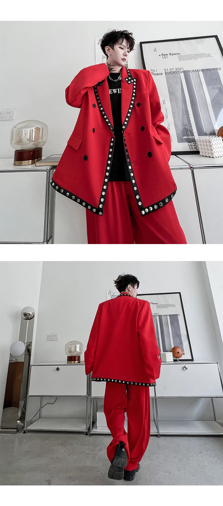 men streetwear fashion loose casual rivet hip hop party dress 2 piece suits blazers jacket pant sets stage clothing costume unique default style 1523
