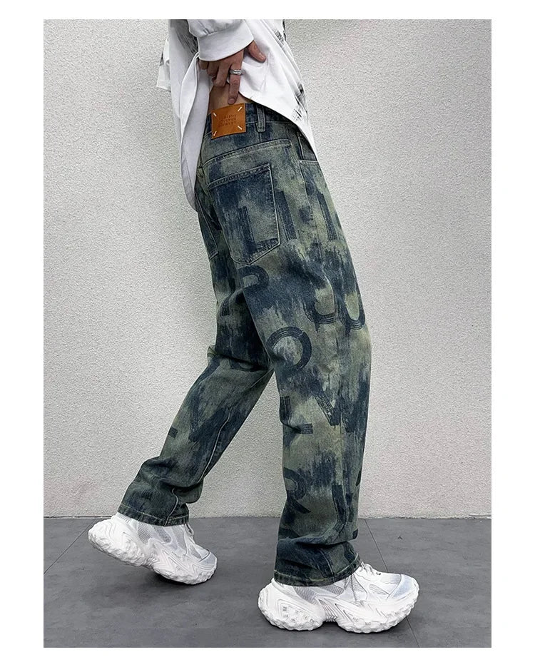 men loose casual american high street hip hop vibe printed denim baggy jeans pants man streetwear ripped jeans trousers unique jeans style 2978