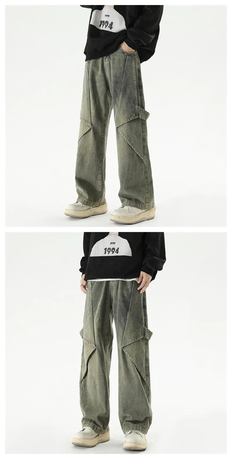 2024 new hip hop wide leg jeans for men washed distressed baggy denim trousers high street deconstruction cargo jean y2k pants unique cargo style 442