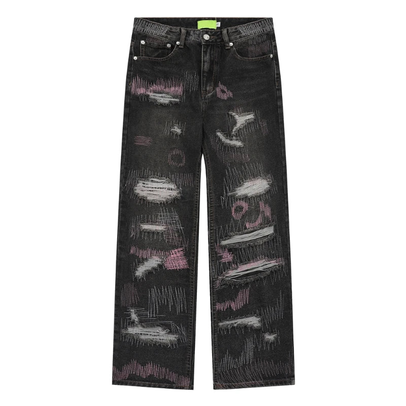 harajuku irregular scratched ripped holes denim jeans men zipper jeans hip hop streetwear new casual straight joggers jean pants relaxed fit joggers