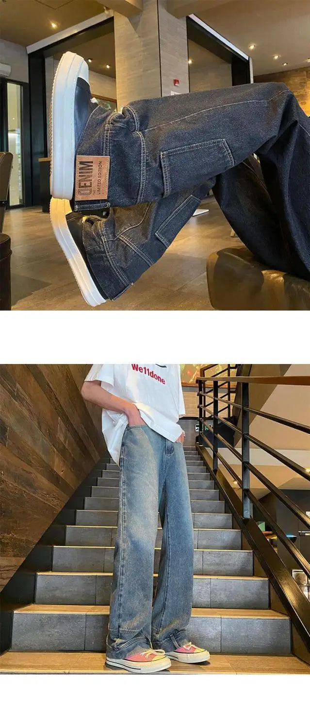 autumn vintage high street straight washed denim jeans for men and women trendy hip hop personality inverted loose casual pants unique jeans style 629