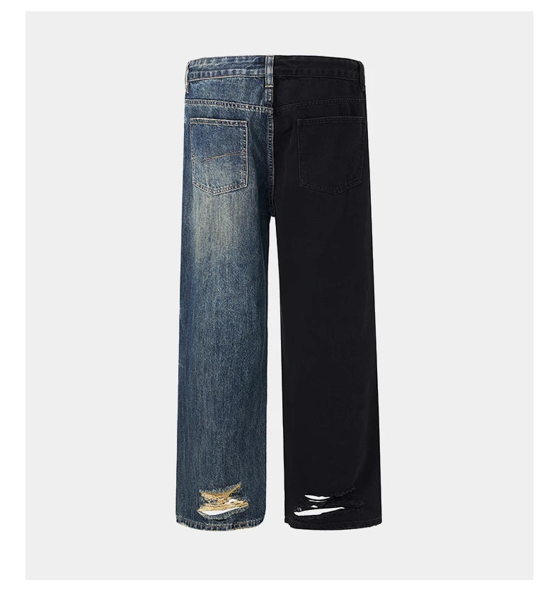 men streetwear fashion black blue splice hip hop loose casual wide leg straight baggy jeans pant cityboy jeans pants trousers unique jeans style 2530