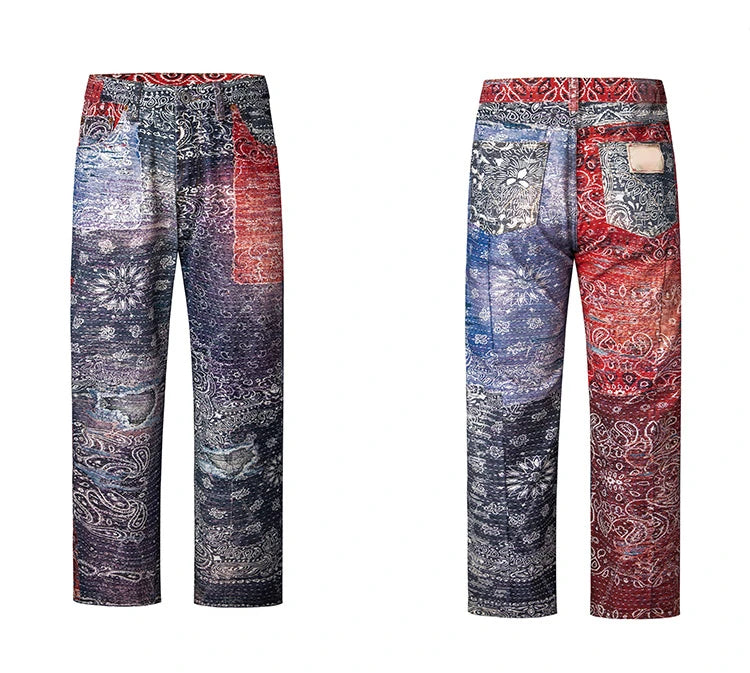 hip hop paisley printed denim jeans mens new casual zipper straight jeans streetwear high street loose pants baggy jeans joggers unique joggers style 1396