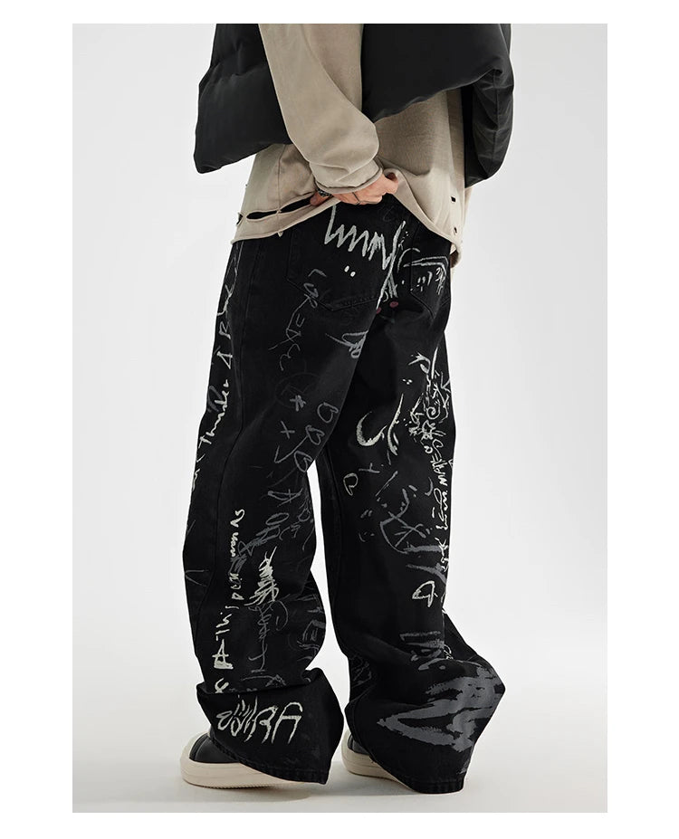 fashion graffiti printed denim jeans men unisex casual zipper wide legs straight jeans streetwear hip hop baggy pants joggers unique joggers style 4074