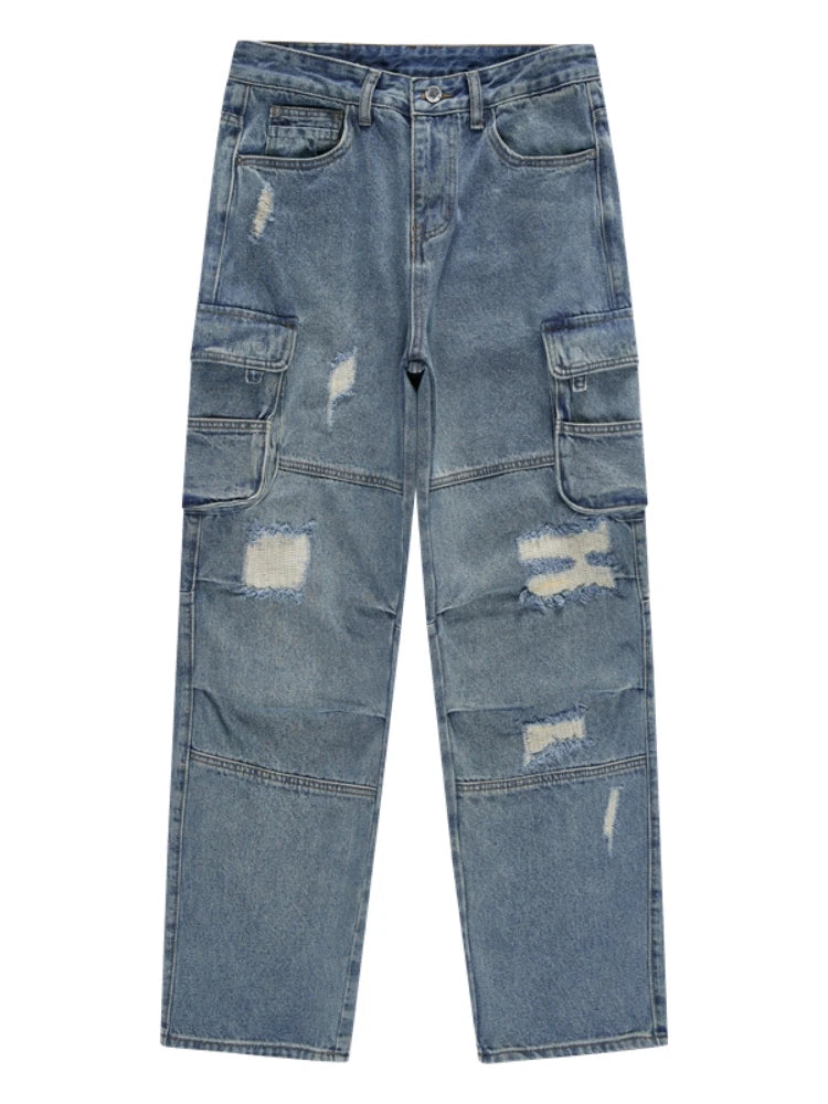mens baggy jeans side big pocket distressed ripped denim jean straight pants high street cargo jean pants hip hop joggers jeans streetwear sweatpants