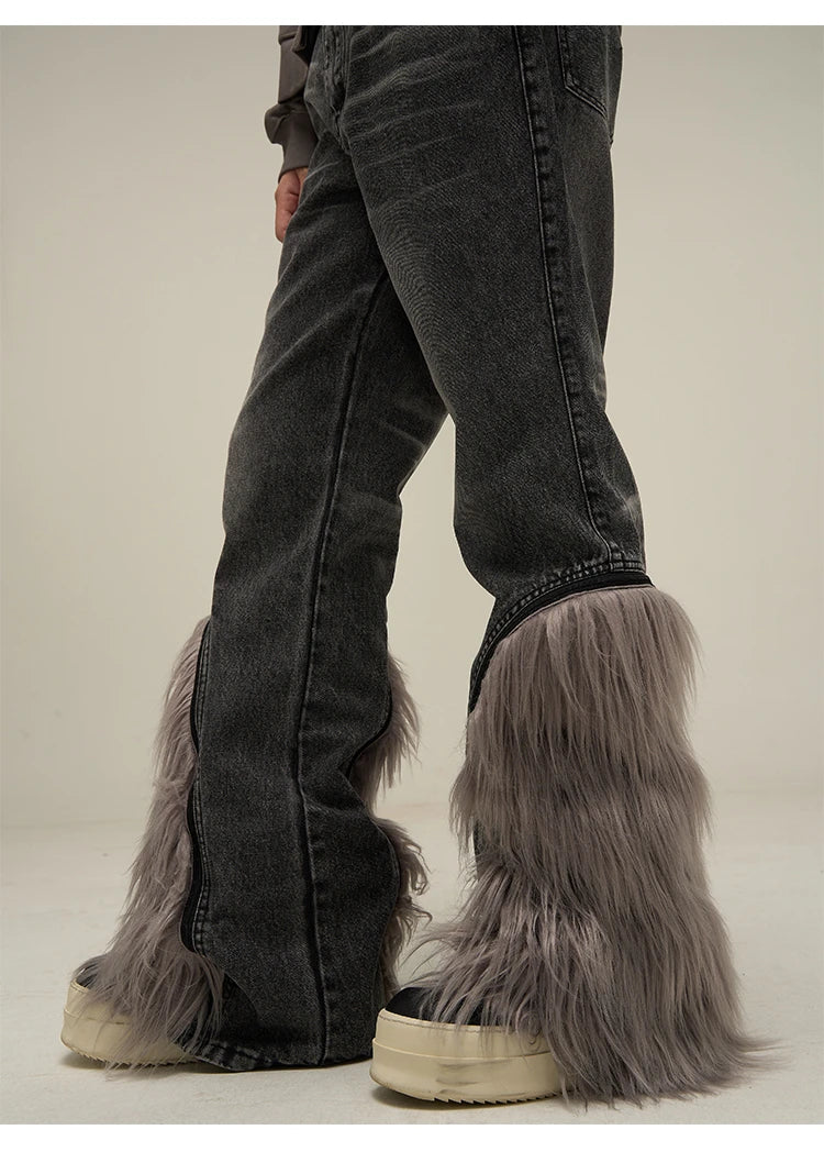 harajuku denim straight jeans men trousers high street zipper detachable fur bottom streetwear casual loose joggers jean pants unique joggers style 2967