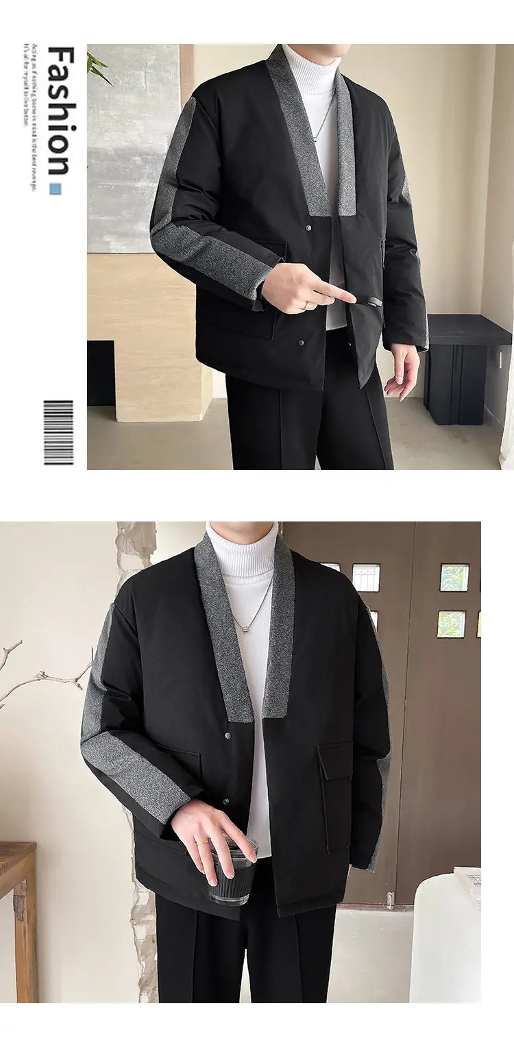 2024 Winter Collarless Cotton-padded Jacket Men Japanese Korean Fashion Loose Casual Thicken Warm Parkas Jacket Cityboy Coat Street King Limited
