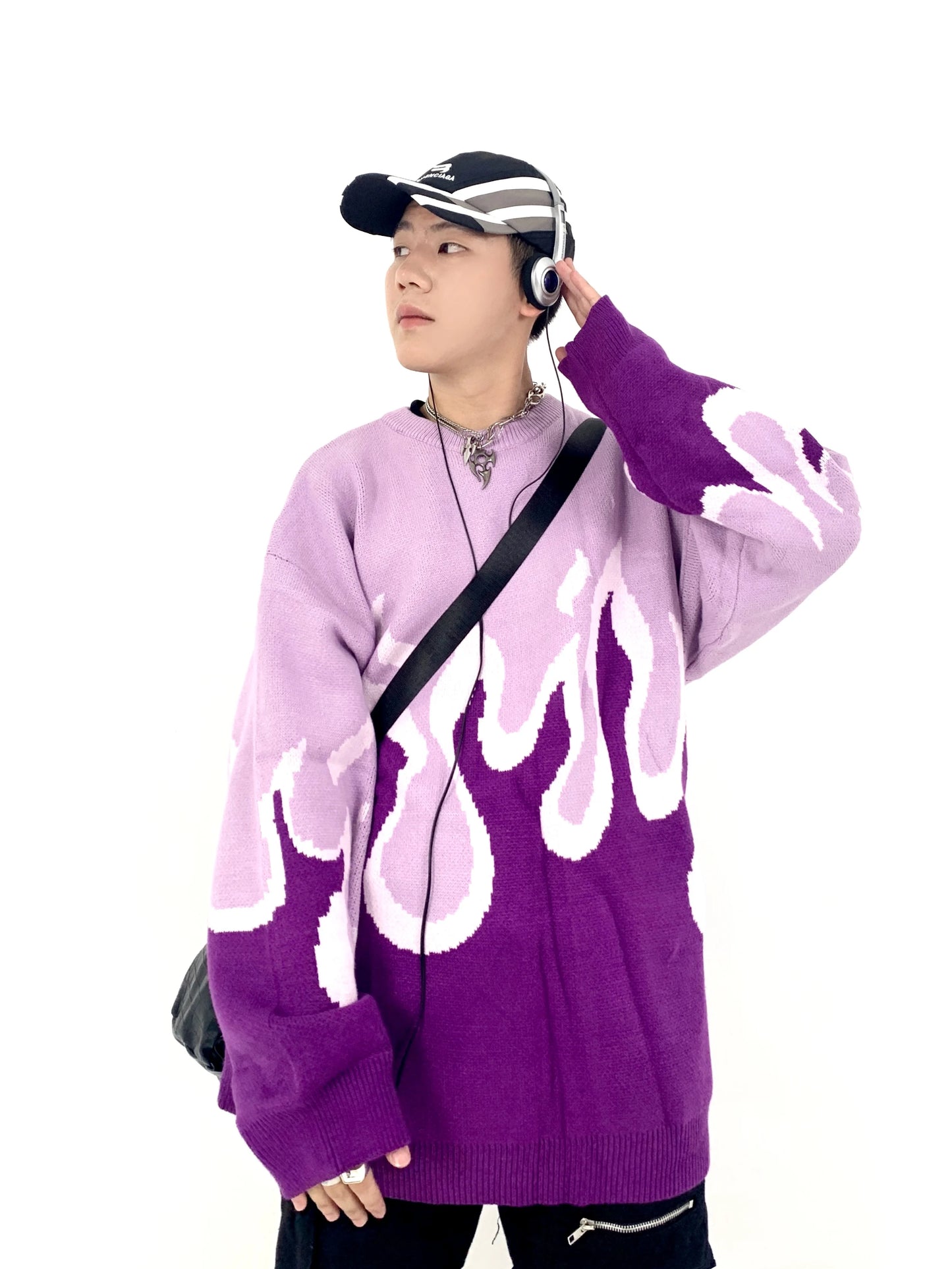 Hip Hop Fire Knitted Oversized Sweater Men Autumn Winter O-neck Long Sleeve Pullover Streetwear New Loose Tops Sweaters Clothing Street King Limited