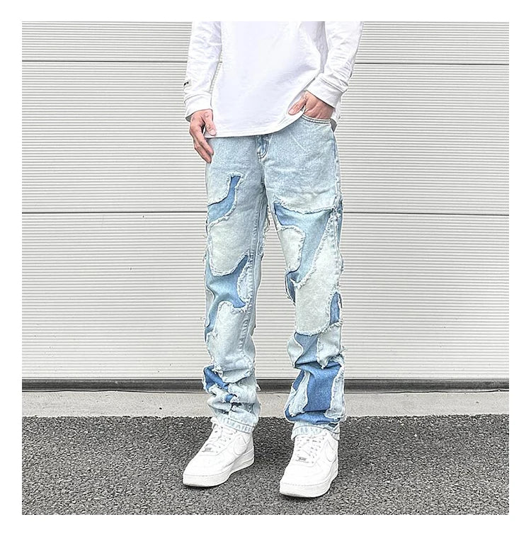 ripped irregular patchwork design denim jeans men casual zipper biker trousers jeans fashion streetwear hip hop pants joggers unique joggers style 2614