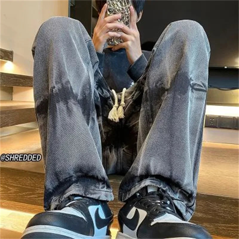 2025 new tie dye retro drawstring jeans for men baggy high street straight pants hip hop fashion casual y2k jean hombre pantalon vintage washed jeans