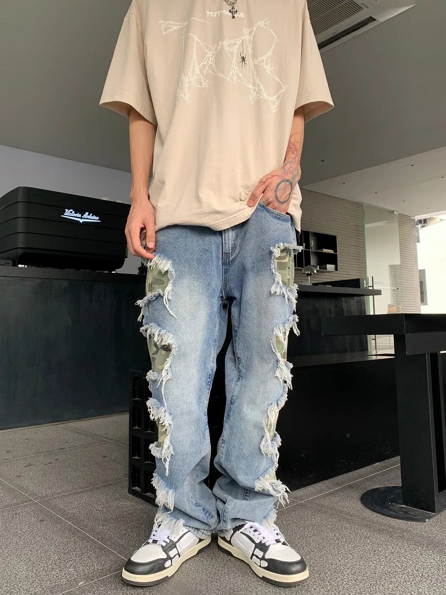 side destroyed ripped holes denim jeans pants mens casual patchwork camouflage loose straight joggers hip hop streetwear jeans unique joggers style 3066