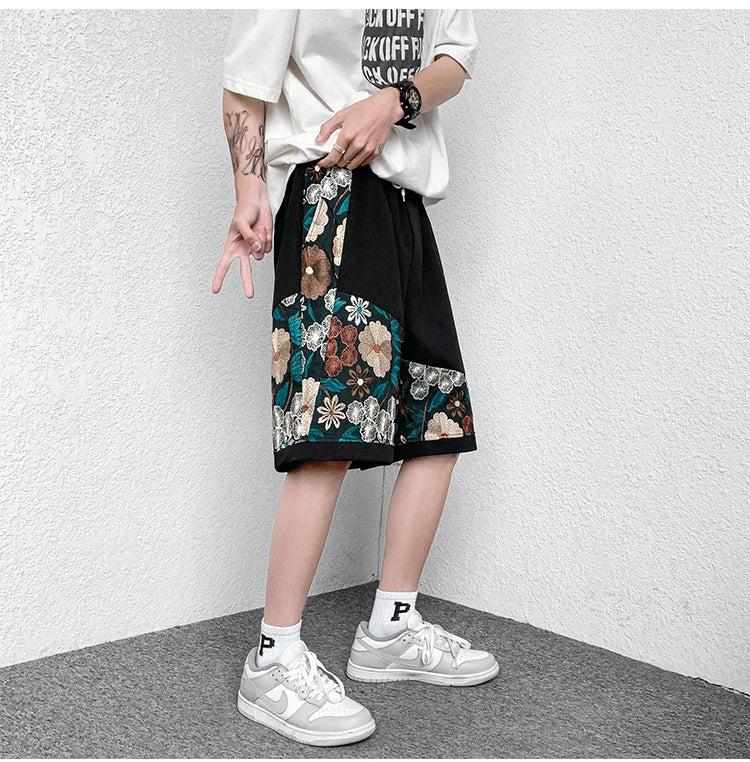 Summer Embroidery Shorts Men Fashion Casual Flower Shorts Mens Japanese Streetwear Loose Hip-hop Straight Shorts Men Plus Size Street King Limited
