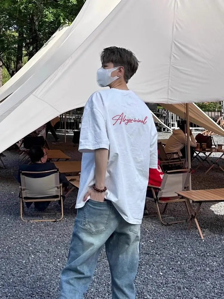 Summer Korean Boys Retro Short-sleeved T-shirt American Personality Street Y2K Hip-hop 2024 White Loose Niche Half-sleeved Top Street King Limited
