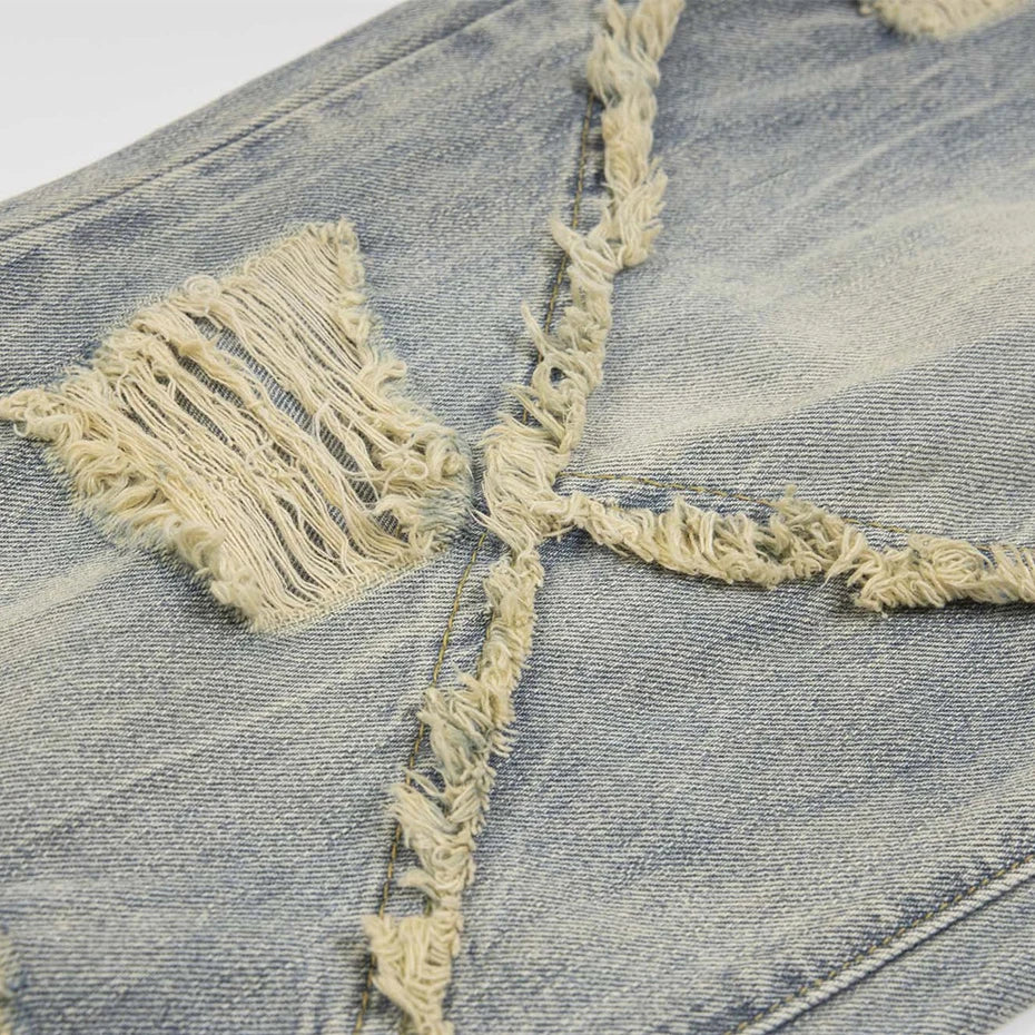 vintage ripped patchwork baggy jeans mens streetwear hip hop loose blue jeans trousers y2k distressed straight denim pants man ripped baggy denim