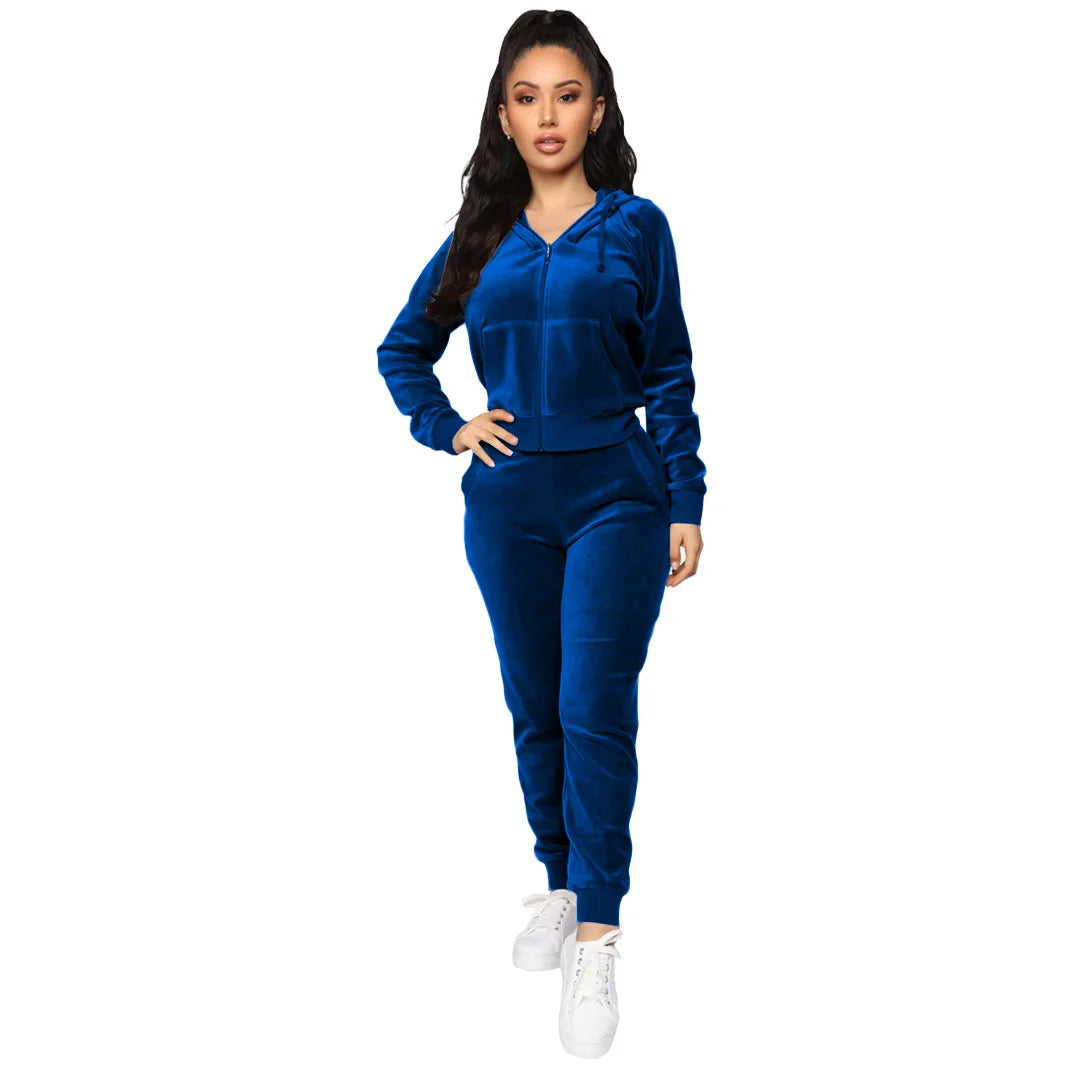 Women's Velvet Hooded Zipper Sweater Elastic Waist Trousers Two-piece Set Fashion Personality Trend Clothing Two-piece Slim Suit Street King Limited