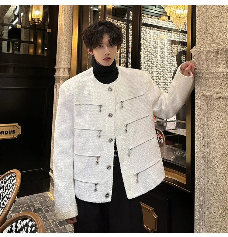multi zipper sequin woolen jacket men french retro fashionable casual christmas jacket spring autumn coat stage show clothing unique default style 1453