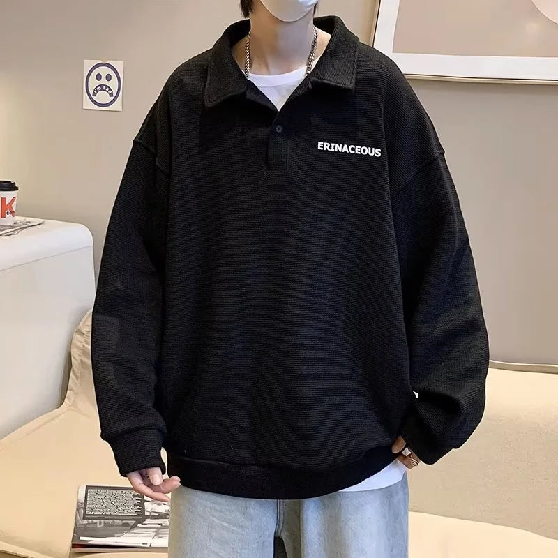 Streetwear Autumn Japanese Polo Sweatshirts Men Casual Waffle Turn Down Collar Sw 2025 Autumn Japanese Polo Sweatshirts Men Casual Waffle Turn Down Collar Sweatshirt High Street Long Sleeve Tops New In Hoodie Fashion Sweater Jacket With Graphic Design For Men