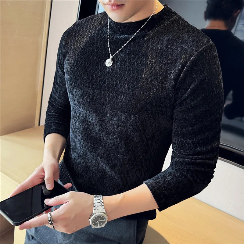 Autumn Winter Semi-turtleneck Stretch Slim Fit Long Sleeve Tshirt Men Thicken Velvet Jacquard Casual T-shirt Bottom T Shirt Street King Limited