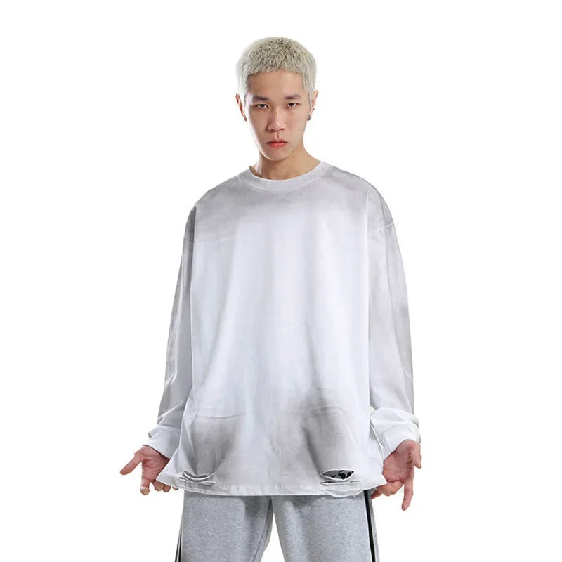 Men's Streetwear Hole Washed Cotton Long Sleeve Loose Casual T Shirt Tiki Y2k Clothes Oversized T-shirt for Men Tops Tshirt Street King Limited