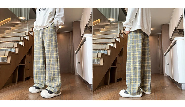 mens plaid pants baggy winter trendy fleece loose straight wide leg mopping trousers unisex thick velvet warm long pants unique default style 1111