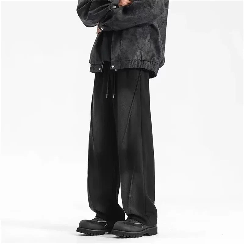 autumn mens high street pleated straight pants korean fashion elastic waist pockets trousers y2k vintage pantalones hombre minimalist street pants