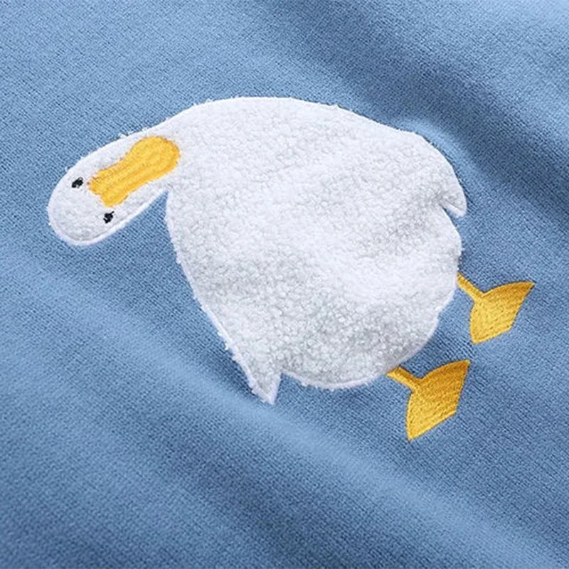 Men Harajuku Sweater Cartoon Duck Goose Embroidery Knitted Pullover Japanese College Style O-Neck Jumper Unisex Spring Autunm Street King Limited
