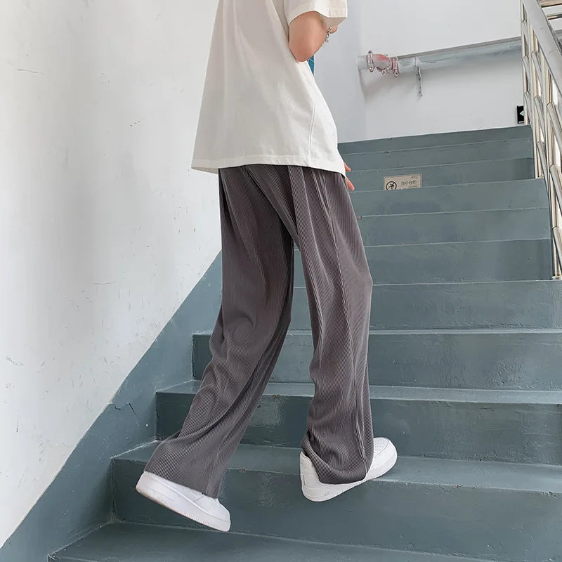Summer Pleated Pants Men Oversized Gray Black Casual Trousers Men Japanese Streetwear Loose Wide Leg Pants Mens Ice Silk Pants Street King Limited