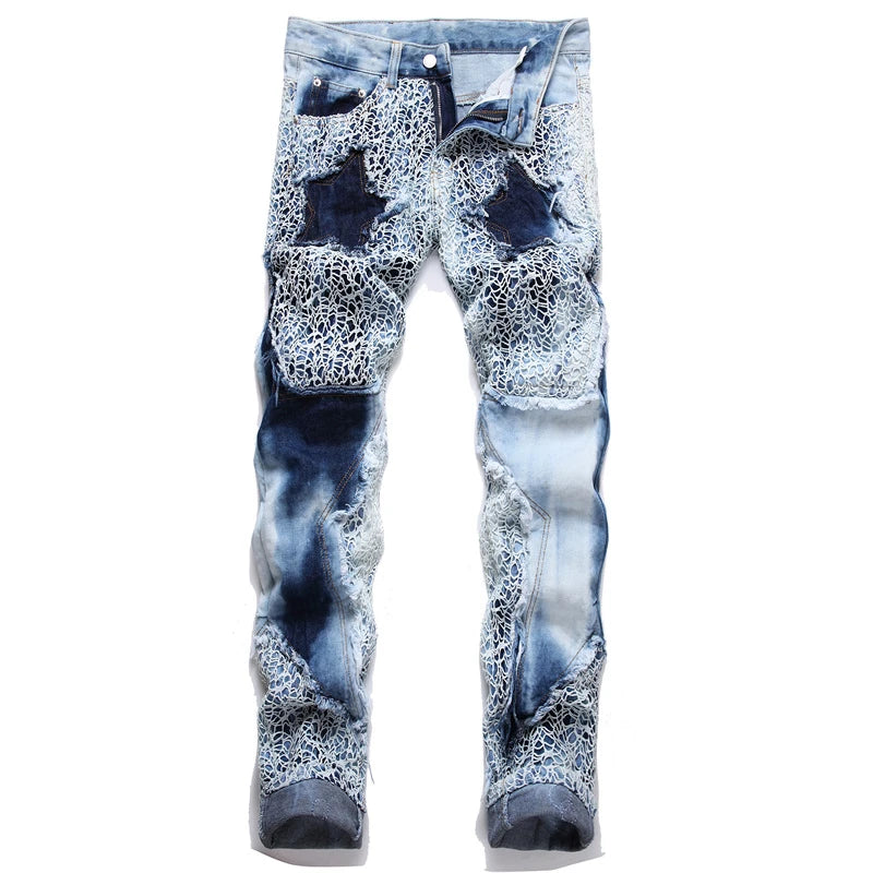 fashion stars patchwork mesh denim jeans new casual slim fit biker trousers skinny jeans men streetwear hip hop pants joggers unique joggers style 4799