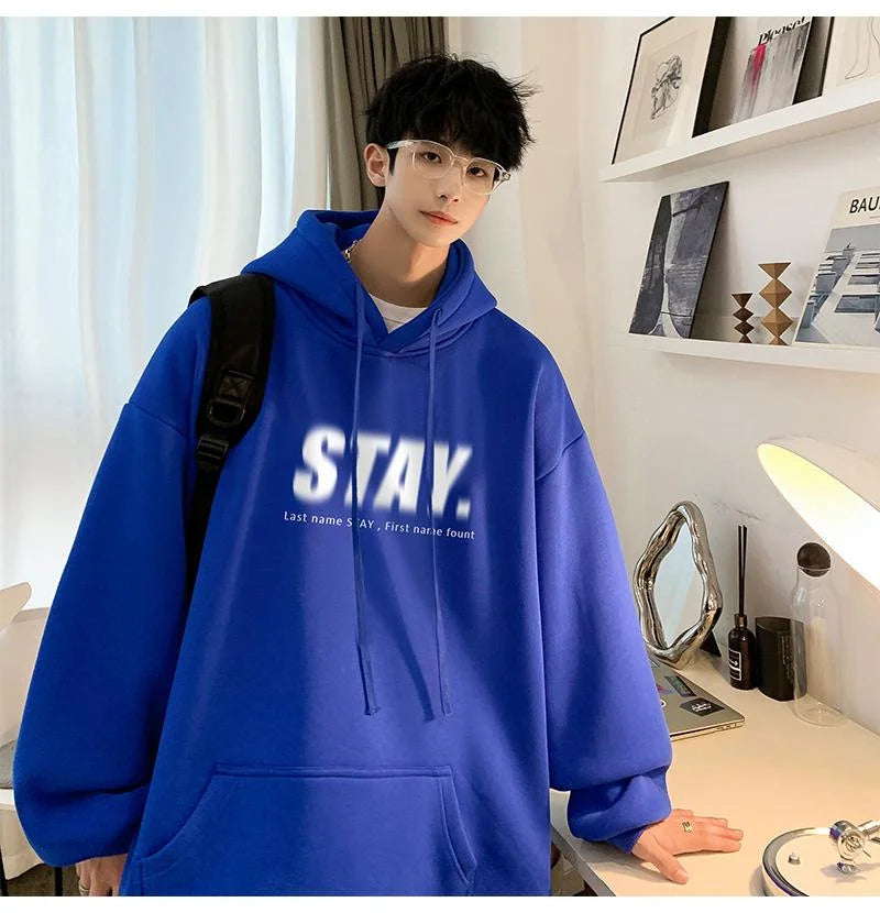 New in Letter STAY Print Sweatshirts Men Casual Vintage Fleece Pullovers Hoodies Autumn Y2K Streetwear Baggy Hoody Clothes Street King Limited