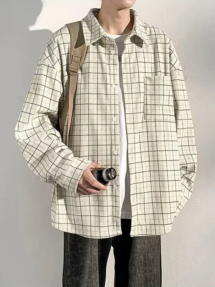 Streetwear Autumn Long Sleeve Corduroy Plaid Shirt Mens High Street Retro Casual Autumn Long Sleeve Corduroy Plaid Shirt Mens High Street Retro Casual Social Blouses Korean Fashion Loose Y2K Tee Shirts Fashion Sweater Jacket With Graphic Design For Men
