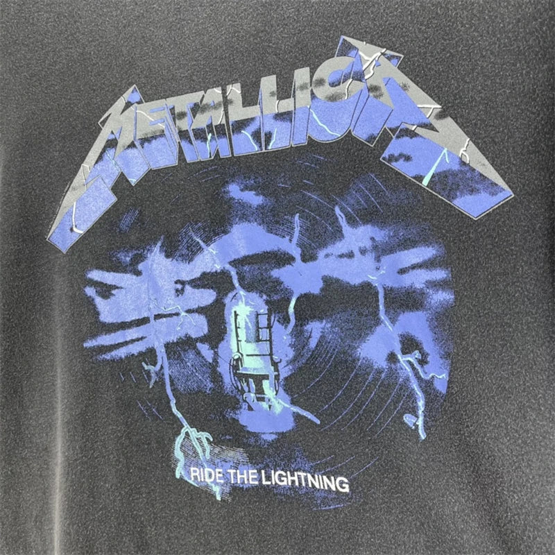 Summer Vintage High Street Wash Lightning Print T-shirt Vintage Heavy Metal Rock Band Short Sleeve Japanese Street Pure Cotton Street King Limited