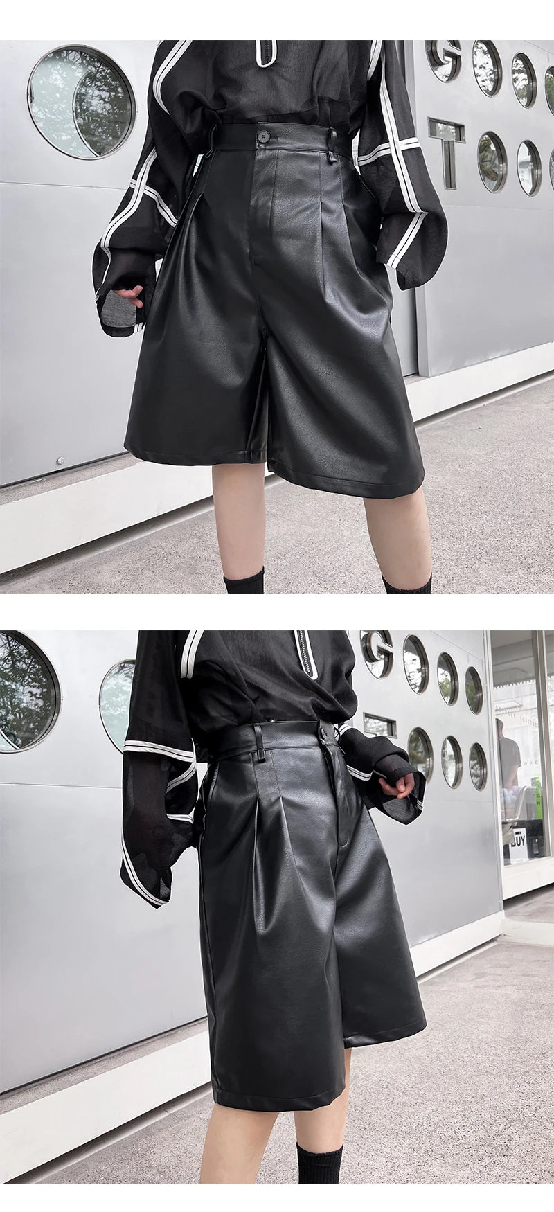 men japanses korean streetwear fashion hip hop loose casual dark black wide leg leather shorts male short pant unique shorts style 913