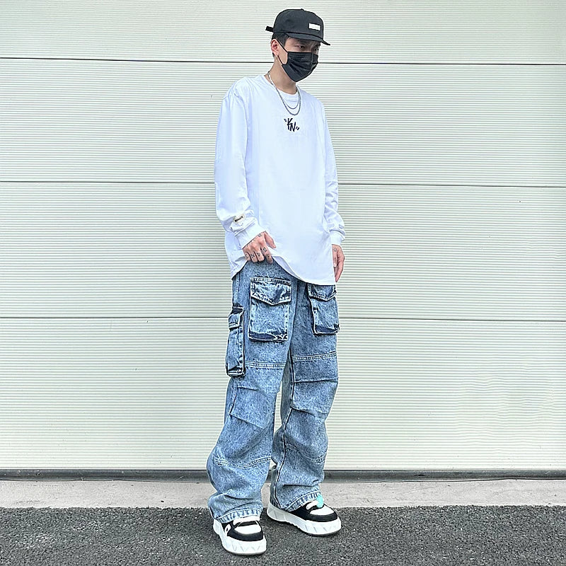 fashion loose streetwear cargo denim jeans unisex casual multi pocket wide legs jean pants hip hop joggers mens baggy jeans unique joggers style 1960