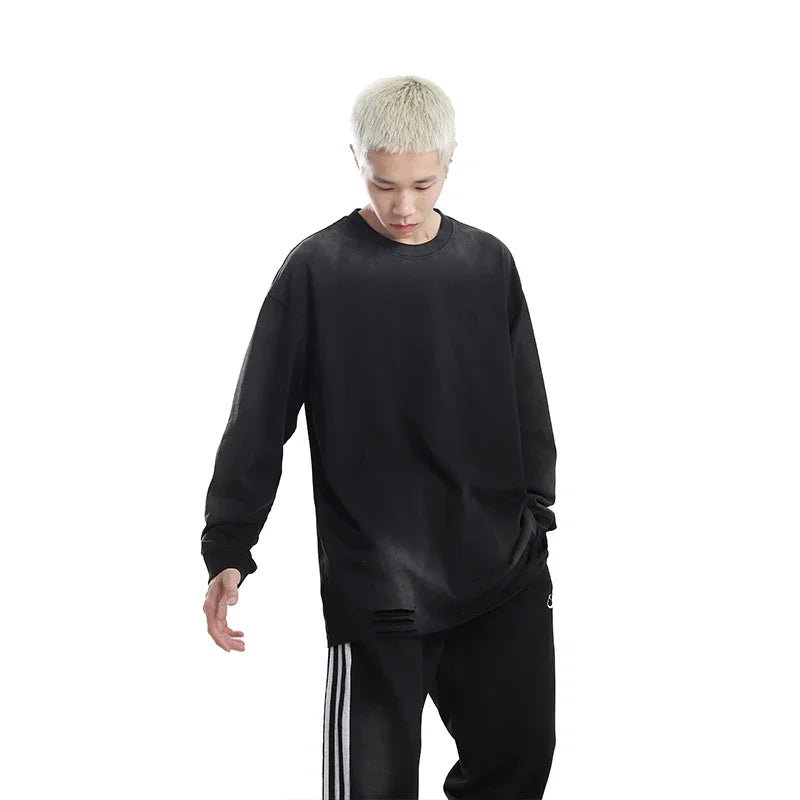 Men's Streetwear Hole Washed Cotton Long Sleeve Loose Casual T Shirt Tiki Y2k Clothes Oversized T-shirt for Men Tops Tshirt Street King Limited