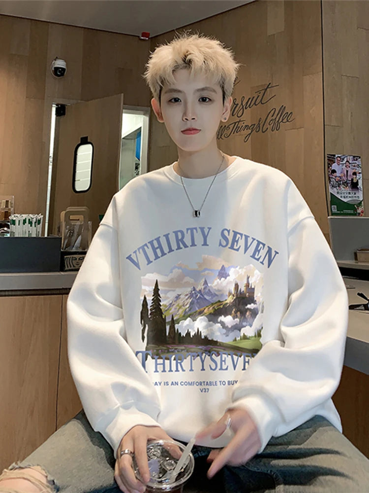 Autumn Oil Painting Landscape Print Cotton Sweatshirt Men Loose Casual Crewneck Pullover Hoodies Korean Fashion Y2K Clothing Street King Limited