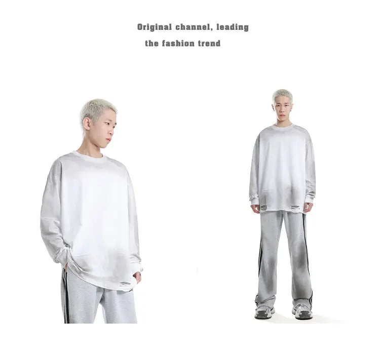 Men's Streetwear Hole Washed Cotton Long Sleeve Loose Casual T Shirt Tiki Y2k Clothes Oversized T-shirt for Men Tops Tshirt Street King Limited